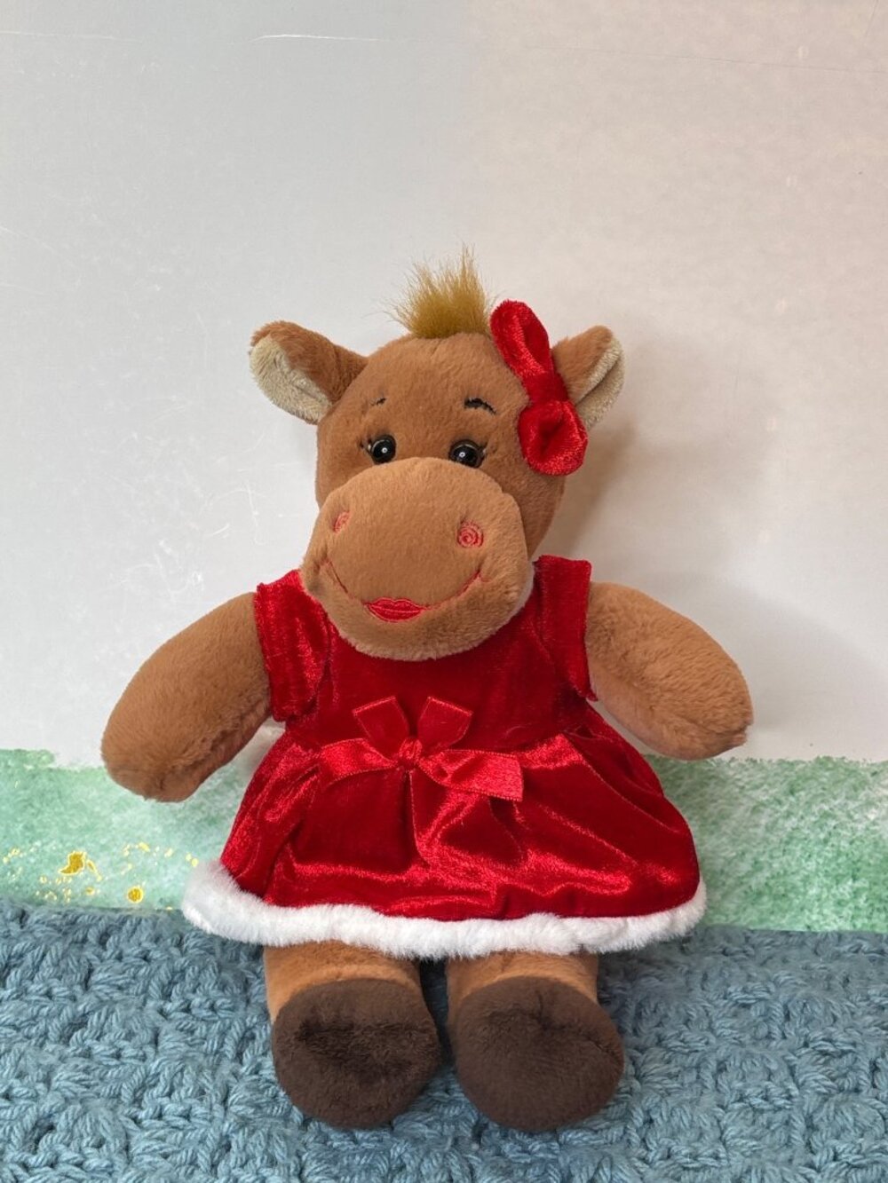 Build A Bear Holly Moose Plush Stuffed Animal Wearing Red Velvet Dress 9 inches